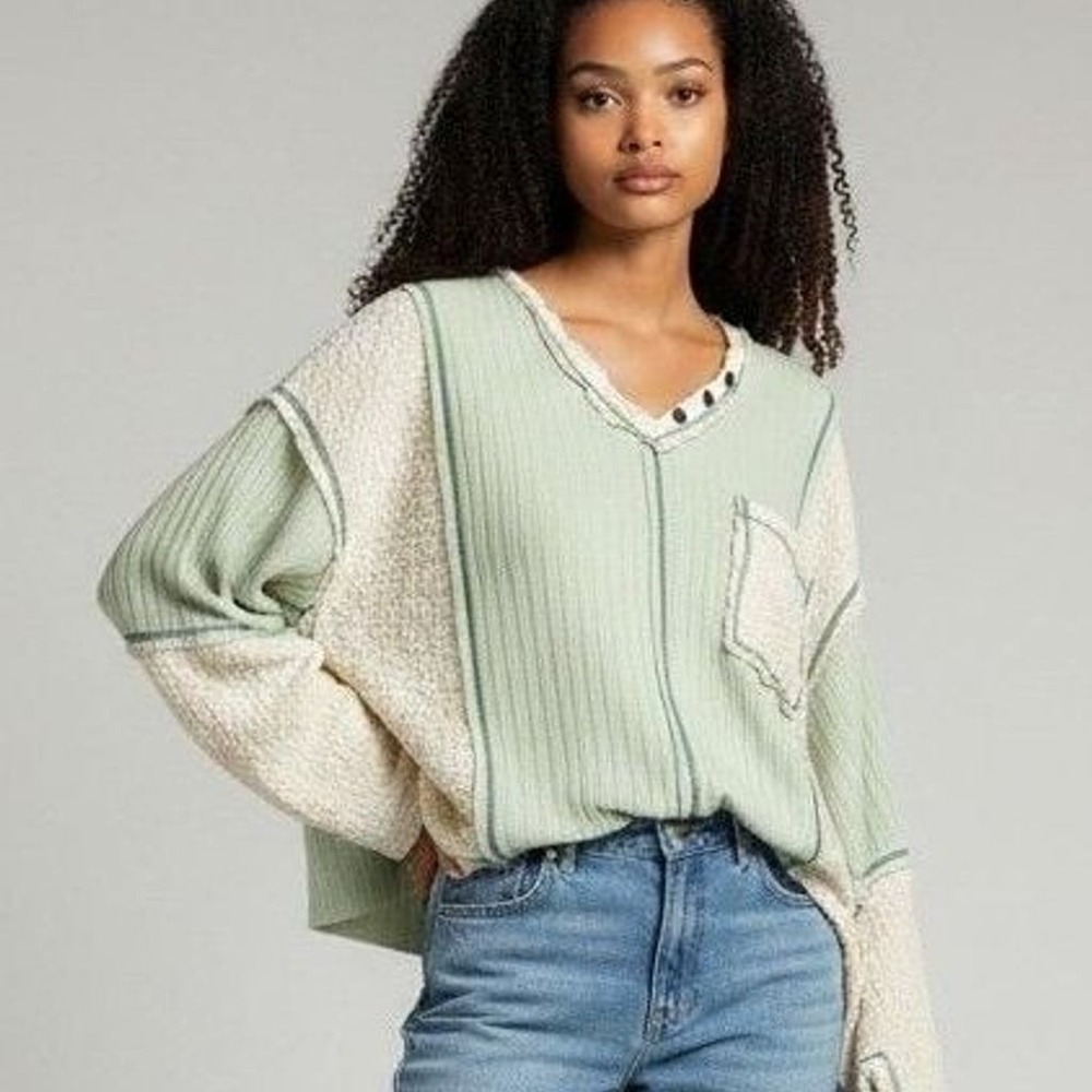 POL Elemental My Dear Patchwork V-Neck Top Sage Green Cream Size S YKT1753